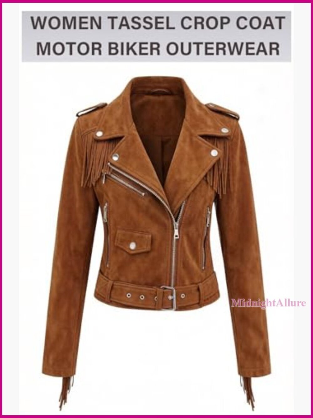 Short Faux Leather Moto Jacket with Tassel Trim and Belt - Picture 4 of 7
